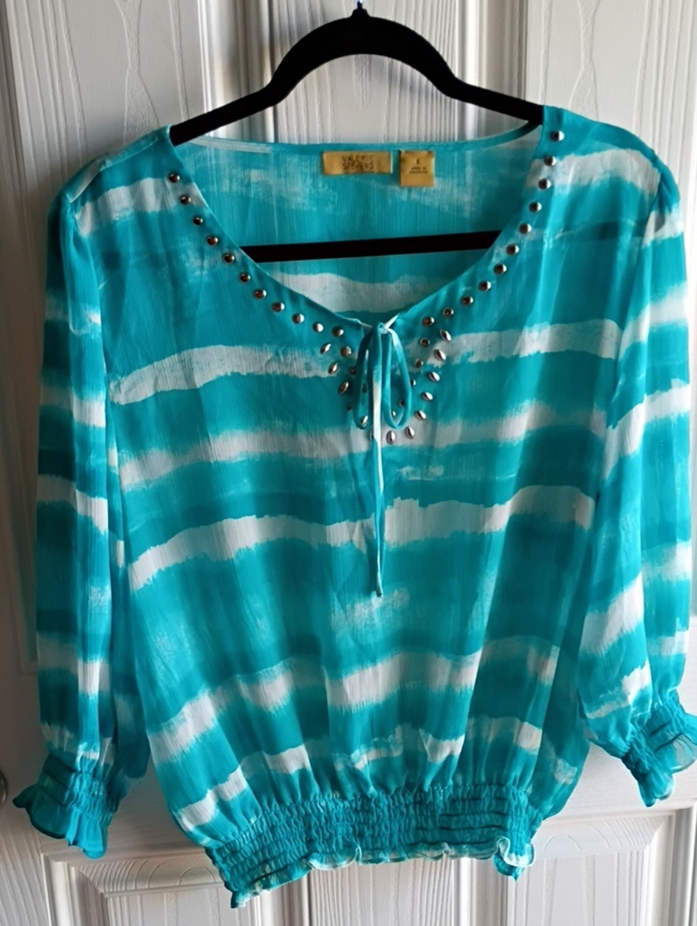 Valerie Stevens Turquoise & White Tie-Neck Tunic - New